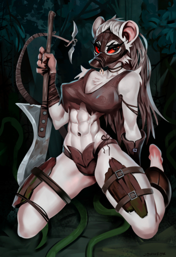 anthro breasts clothed clothing female fur hair hi_res ink-eyes johnfoxart mammal mask melee_weapon murid murine rat rodent solo weapon white_body white_fur // 881x1280 // 1.9MB