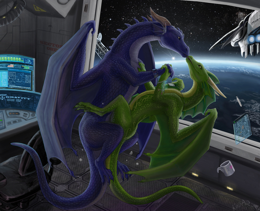 2015 blue_body blue_scales detailed_background dragon duo eye_contact female feral green_body green_scales hand_holding horn kodardragon looking_at_another male membrane_(anatomy) membranous_wings scales scalie smile space spines wings zero_gravity // 1280x1040 // 623.9KB