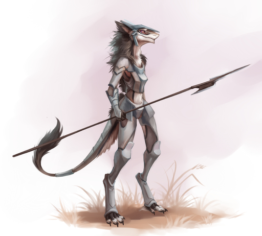4_fingers akineza anthro armor biped digitigrade female fingers fur grey_body grey_fur hi_res melee_weapon midriff polearm red_eyes sergal simple_background solo spear standing weapon white_background white_body white_fur // 1653x1490 // 1.4MB