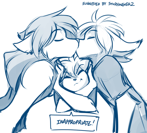 2019 annoyed anthro basitin blue_and_white canid canine canis clothed clothing conditional_dnp crossed_arms dialogue english_text eyes_closed female group keidran keith_keiser kissing madelyn_adelaide male malefemale mammal monochrome natani pushing simple_background sketch text tom_fischbach twokinds webcomic webcomic_character white_background wolf // 1200x1093 // 478.4KB