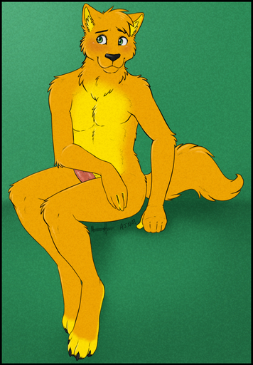 ajna anthro biped black_border blush border canid canine carrot carrot_wolf carrotwolf digital_media_(artwork) erection food genitals green_background green_eyes male mammal meesh nude penis plant shy simple_background sitting solo vegetable // 695x1000 // 713.6KB