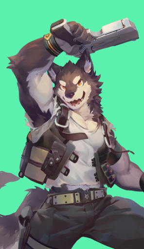 2018 5_fingers anthro bad_trigger_discipline belt black_body black_fur bulge canid canine canis clothed clothing fingers front_view fur green_background gun handgun hi_res holding_object looking_at_viewer male mammal muscular muscular_anthro muscular_male null-ghost orange_eyes ranged_weapon shirt simple_background solo tank_top topwear torn_clothing vest weapon white_body white_fur wolf // 800x1383 // 987.2KB