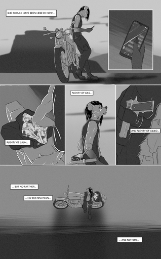 anthro black_hair clothing comic english_text geminisaint hair hyaenid hybrid leather leather_clothing male mammal money monochrome motorcycle pestdeath solo text topwear vehicle vest webcomic_character // 670x1080 // 435.1KB