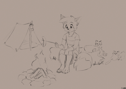 ambiguous_gender anthro barefoot campfire camping canid canine clothed clothing digital_media_(artwork) feet feral fox foxboy83 group male mammal procyonid raccoon sketch solo_focus tent // 1280x905 // 1.4MB