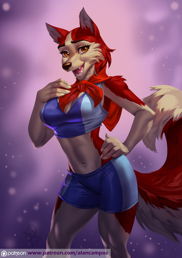 2018 5_fingers alanscampos anthro breasts brown_nose canid canine canis clothed clothing domestic_dog female fingers fur hi_res husky jenna_(balto) looking_at_viewer mammal midriff navel nordic_sled_dog open_mouth orange_eyes red_body red_fur solo spitz standing teeth tongue // 1414x2000 // 1.0MB