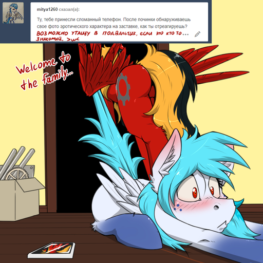 1:1 black_hair blonde_hair blue_hair blush duo ear_blush english_text equid equine fan_character feathered_wings feathers female feral fur hair horse imminent_rape mammal multicolored_hair my_little_pony pegasus red_body red_eyes red_fur red_wings russian_text tail_pull text tumblr twotail813 twotail_(mlp) white_body white_fur wings // 800x800 // 347.4KB