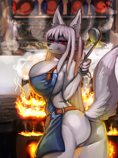 anthro apron apron_only big_breasts black_nose blue_apron breasts butt canid canine clothing cooking female fox fur general-irrelevant grey_body grey_fur hi_res holding_ladle huge_breasts kitchen kitchen_utensils ladle mammal mostly_nude red_eyes smile solo tools // 1080x1440 // 849.2KB