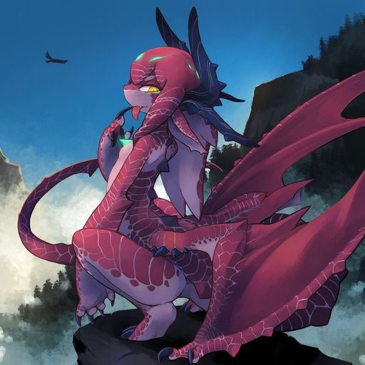 1:1 anthro breasts crouching dragon featureless_breasts female hi_res horn kamukamu6392 looking_back multi_limb nature nude outside rear_view scalie small_breasts solo tongue tongue_out wings yellow_eyes // 1200x1200 // 1.1MB