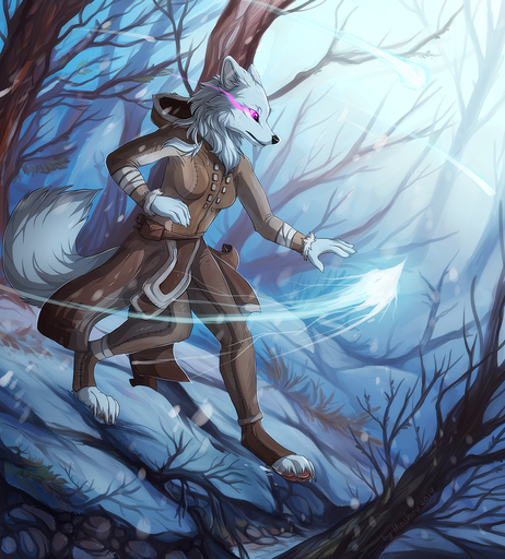 2014 anthro black_nose canid canine canis clothed clothing detailed_background female forest fur grey_body grey_fur grey_tail hioshiru mammal outside pawpads pink_eyes plant signature sky snow solo tree wolf // 981x1088 // 1.6MB