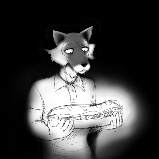 1:1 anthro beastars black_background bodily_fluids canid canine canis clothing comic drooling food hi_res hladilnik holding_food holding_object legoshi_(beastars) light looking_down male mammal monochrome polo_shirt saliva sandwich_(food) shirt simple_background solo topwear wolf // 1280x1280 // 336.1KB
