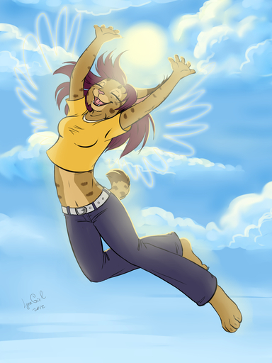 2012 3:4 anthro biped cheerful clothed clothing cloud cloudscape eyes_closed felid feline female flying happy hi_res jumping lynx lynxgirl mammal navel outside pink_nose reallynxgirl sky smile solo sun wings woo_yay // 900x1200 // 773.1KB