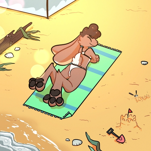 1:1 3_toes absurd_res anthro beach bikini black_pawpads brown_body brown_fur butt cheek_tuft clothed clothing crossdressing curled_hair ears_down eyes_closed facial_tuft feet fur hair hi_res lagomorph leporid lying lying_on_ground male mammal on_front pawpads paws pivoted_ears rabbit sand_castle sculpture seashell seaside shell smile smirk smug smug_face smug_grin solo sunbathing swimwear tan_body tan_fur the_xing1 toes tuft // 3000x3000 // 1.1MB