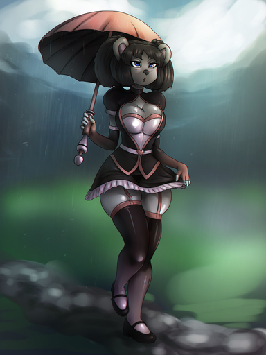 3:4 anthro black_hair breasts clothing digital_media_(artwork) female footwear general-irrelevant grey_body hair hi_res holding_object holding_umbrella looking_up mammal on_one_leg open_mouth outside purple_eyes raining shaded shoes solo standing thick_thighs umbrella ursid // 1080x1440 // 532.7KB