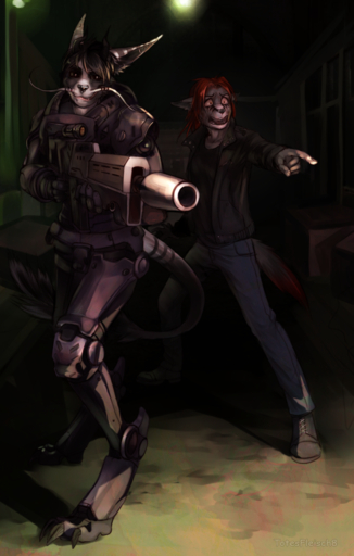 ambiguous_gender anthro armor canid canine clothed clothing dragon duo eastern_dragon gun hi_res hybrid mammal open_mouth ranged_weapon rifle smile standing teeth totesfleisch8 weapon // 1200x1885 // 2.0MB