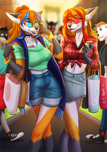 2019 anthro black_nose breasts canid canine clothed clothing digital_media_(artwork) duo eyewear female fox glasses group kammi-lu mammal midriff navel smile standing // 707x1000 // 571KB