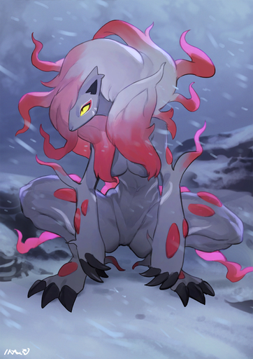 3_fingers 3_toes anthro areola bebebebebe biped breasts canid canine claws crouching digitigrade featureless_crotch feet female finger_claws fingers grey_areola hi_res hisuian_zoroark mammal medium_breasts nude pokemon_(species) regional_form_(pokemon) shaded snow snowing solo toe_claws toes video_games yellow_sclera // 1258x1780 // 384.7KB