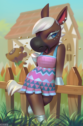 anthro arthropod blue_eyes brown_body brown_fur canid canine clothing dress duo equid equine female fence fur hair hooves horse hymenopteran insect looking_at_viewer male mammal miles_df open_mouth raccoon_dog reneigh_(animal_crossing) tanuki tom_nook_(animal_crossing) undercut video_games wasp white_hair // 633x950 // 551.5KB