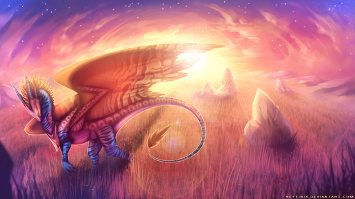 16:9 ambiguous_gender claws day detailed_background dragon feral glowing glowing_eyes grass hi_res horn membrane_(anatomy) membranous_wings neytirix nude plant sky solo spines standing sun text url widescreen wings // 1664x936 // 396KB