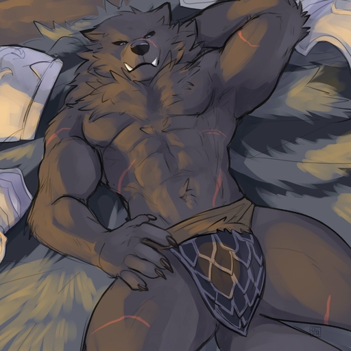 abs anthro blaidd_(elden_ring) bottomwear bulge canid canine canis claws clothed clothing fangs fur grey_body grey_fur hand_behind_head hi_res loincloth lying male mammal muscular muscular_male neck_tuft on_back scar seibrxan skimpy solo tuft wolf // 2048x2048 // 284.2KB