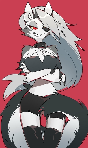 anthro breasts canid canid_demon canine canis clothed clothing collar demon female grin hair hellhound helluva_boss hi_res long_hair long_tail looking_at_viewer loona_(vivzmind) mammal midriff simple_background smile solo spiked_collar spikes taiga_(klm1511) teeth wolf // 1200x2013 // 223.9KB