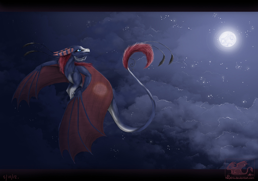 2012 blue_eyes dragon feral hair hi_res horn membrane_(anatomy) membranous_wings moon neytirix night outside red_hair sky solo star starry_sky wings // 2835x1984 // 1.4MB