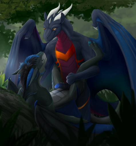 absurd_res anthro black_penis blackaures blue_penis bunsen dragon forest genitals hi_res horn male malemale paws penis plant ridged_penis scalie tree urethra western_dragon wings // 3500x3775 // 9.6MB