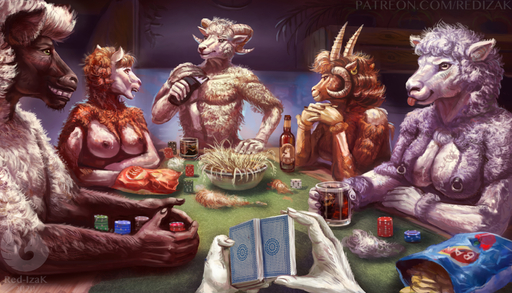 2020 alcohol anthro beverage black_body black_fur bovid breasts brown_body brown_fur caprine card chips_(food) ear_piercing female food fur grin group hi_res horizontal_pupils horn male mammal nipple_piercing nipples piercing playing_card poker poker_chip poker_table pupils red-izak shaving sheep smile strip_poker tongue tongue_out white_body white_fur // 2000x1144 // 1.4MB