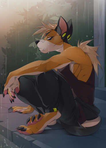 2021 4_toes 5_fingers anthro canid canine clothed clothing day detailed_background digital_media_(artwork) feet fingers hi_res kodashi male mammal outside raining sitting solo toes // 922x1280 // 1.2MB