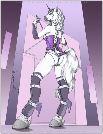 2009 anthro border breasts butt clothing corset ecmajor equid equine female handcuffs hooves horn horse lingerie looking_at_viewer mammal panties riding_crop shackles solo topwear underwear unicorn whip white_border // 697x911 // 556.8KB