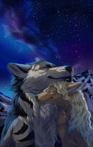 2014 black_lips black_nose blonde_hair canid canine canis detailed_background domestic_dog duo eyes_closed feral fur grey_body grey_fur hair hauringu hi_res lips mammal night nude sky smile star starry_sky whiskers white_body white_fur // 1145x1800 // 2.1MB