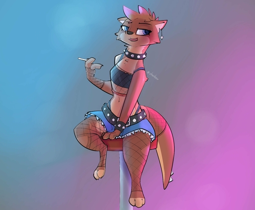 2020 absurd_res anthro brown_body brown_fur clothed clothing female fur hi_res lutrine mammal midriff mustelid navel notched_ear open_mouth open_smile punk_otter_girl_(fuel) simple_background sitting smile solo zhanbow // 3840x3176 // 459.6KB