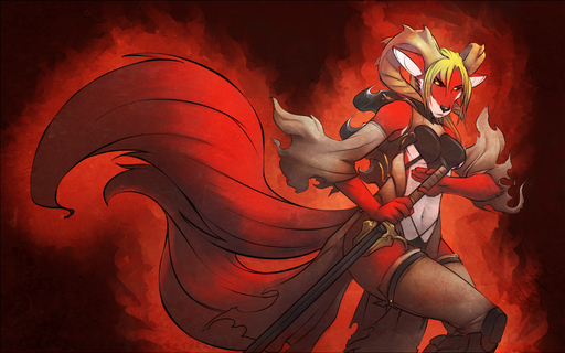 2011 abstract_background anthro biped blonde_hair bovid breasts canid canine caprine clothed clothing faint female fox glowing glowing_eyes goat hair horn hybrid legwear looking_at_viewer mammal melee_weapon navel red_theme short_hair simple_background skimpy solo standing stockings sword warrior weapon // 1100x687 // 957.7KB