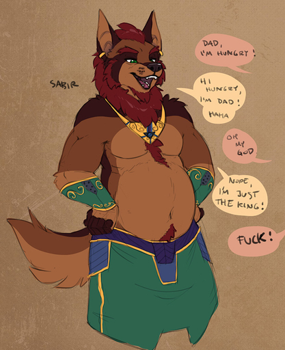 2016 anthro canid canine canis clothed clothing dad_joke dialogue english_text fluff-kevlar fur hair jackal male mammal offscreen_character open_mouth profanity sabir simple_background slightly_chubby smile solo standing text tongue topless // 710x872 // 212.0KB