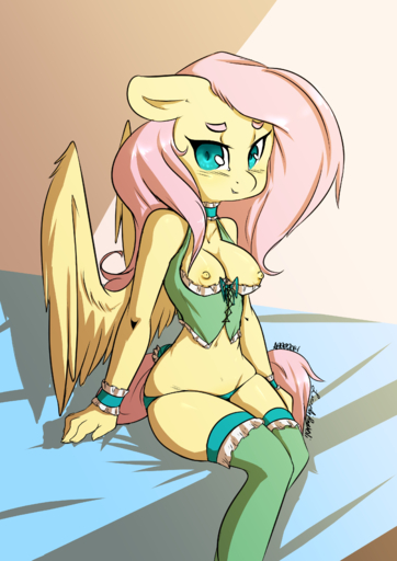 absurd_res anthro anthrofied avante92 blue_eyes breasts clothing collaboration equid equine feathered_wings feathers female floppy_ears fluttershy_(mlp) fur hair hi_res horse legwear lingerie lizzyoli-ravioli long_hair looking_at_viewer mammal nipples panties pegasus pink_hair solo stockings underwear wings yellow_body yellow_feathers yellow_fur // 2480x3507 // 2.2MB