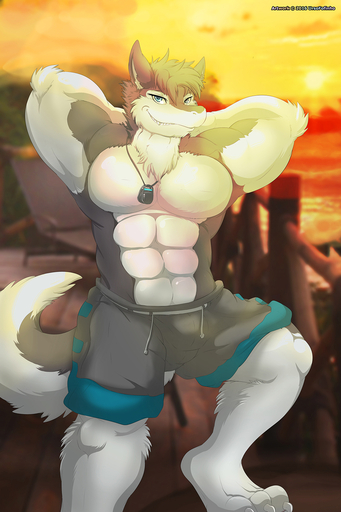 2:3 abs anthro biceps big_muscles biped blue_eyes bottomwear claws clothed clothing discordnight dog_tags fur grey_body grey_fur grey_hair hair hands_behind_head hi_res looking_at_viewer male muscular muscular_anthro muscular_male pecs sergal shorts smile solo standing teeth toe_claws topless ursofofinho white_body white_fur // 1000x1500 // 696.0KB
