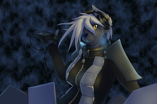 2011 abstract_background amber_eyes anthro breasts chazcatrix clothing felid female fingerless_gloves fur gloves grey_body grey_fur hair handwear headphones long_hair looking_at_viewer mammal portable_music_player shoulder_guards simple_background solo white_hair // 1280x853 // 1.8MB