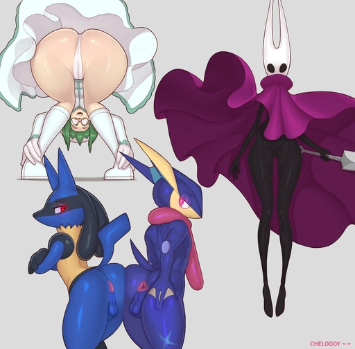 2019 absurd_res anthro anus arthropod ass_up backsack balls bent_over big_butt boots butt butt_squish cape cheadle_yorkshire chelodoy clothed clothing fecharis female footwear genitals girly glistening glistening_body gloves green_hair greninja group hair handwear hi_res hornet_(hollow_knight) hymenopteran insect looking_back lucario male melee_weapon mostly_nude nude panties perineum pokemon_(species) pussy shirt spread_butt spreading squish sword text topwear underwear upskirt video_games weapon // 2560x2520 // 300.4KB