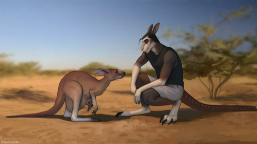 absurd_res anthro chris_(totesfleisch8) claws duo feet feral hair hi_res kangaroo macropod male mammal marsupial mother mother_and_child outback parent parent_and_child toes totesfleisch8 // 3265x1836 // 283.3KB