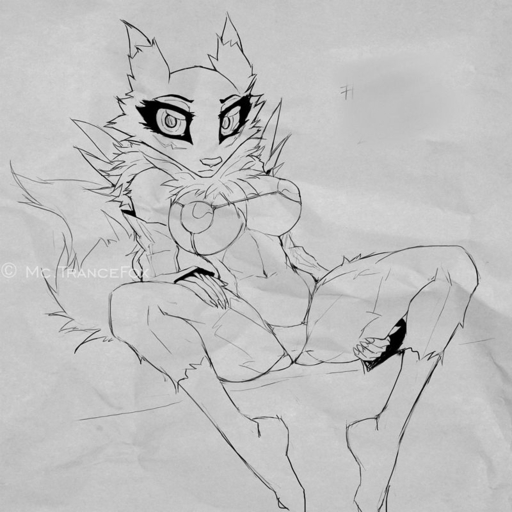 1:1 anthro bikini breasts canid clothed clothing digimon digimon_(species) female greyscale looking_at_viewer macmegagerc mammal monochrome navel renamon sketch skimpy solo spread_legs spreading swimwear under_boob underwear // 800x800 // 96KB