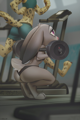 2019 2:3 3_toes anthro barbell barefoot bottomwear bra butt cheetah claws clothing crouching disney duo exercise feet felid feline female fingers gym judy_hopps lagomorph leporid mammal miles_df pink_nose purple_eyes rabbit shorts solo_focus sports_bra toes treadmill underwear weightlifting workout zootopia // 600x900 // 343.1KB