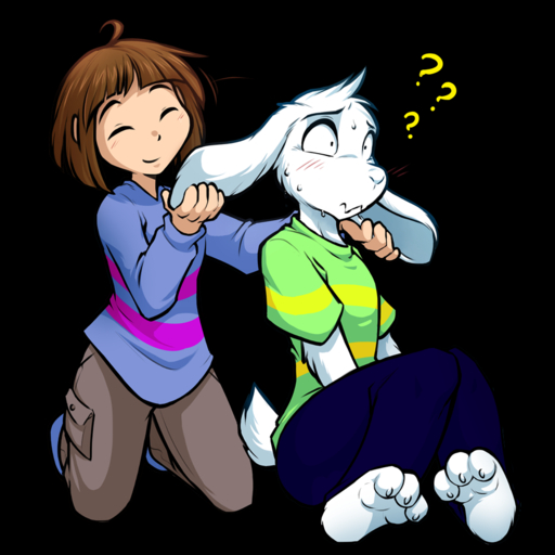 1:1 2015 3_toes ? alpha_channel ambiguous_gender anthro asriel_dreemurr awkward barefoot big_ears blush bodily_fluids boss_monster bottomwear bovid caprine claws clothed clothing conditional_dnp confusion daww duo ear_grab eyes_always_closed eyes_closed feet floppy_ears fur hair human kneeling male mammal pants pattern_clothing protagonist_(undertale) shirt simple_background sitting smile soles striped_clothing stripes sweat toe_claws toe_curl toes tom_fischbach topwear transparent_background undertale video_games white_body white_fur // 900x900 // 426.0KB