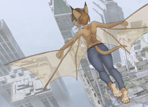 anthro barefoot bottomwear breasts brown_body brown_fur brown_hair chiropteran city clothed clothing digital_media_(artwork) feet female flying fully_clothed fur hair hi_res iskra looking_at_viewer looking_back mammal membrane_(anatomy) membranous_wings outside pants paws plantigrade purple_eyes shaded side_boob solo tan_body tan_fur wings // 1931x1400 // 2.5MB