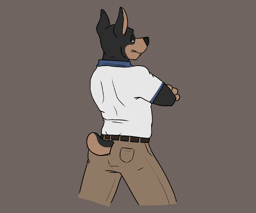 anthro arched_back belt black_body black_fur black_nose black_tail bottomwear butt butt_pose canid canine canis clothed clothing countershade_face countershade_tail countershading crossed_arms denim denim_clothing dobermann domestic_dog eyebrows flat_colors fully_clothed fur furgonomics grey_background grey_bottomwear grey_clothing half-closed_eyes hi_res jeans looking_at_viewer looking_back male mammal multicolored_body multicolored_fur narrowed_eyes pants pinscher pose rear_view rotten_robbie shirt simple_background solo standing t-shirt tan_body tan_countershading tan_fur tan_tail teeth topwear two_tone_body two_tone_fur two_tone_tail white_clothing white_topwear // 2286x1904 // 228.7KB