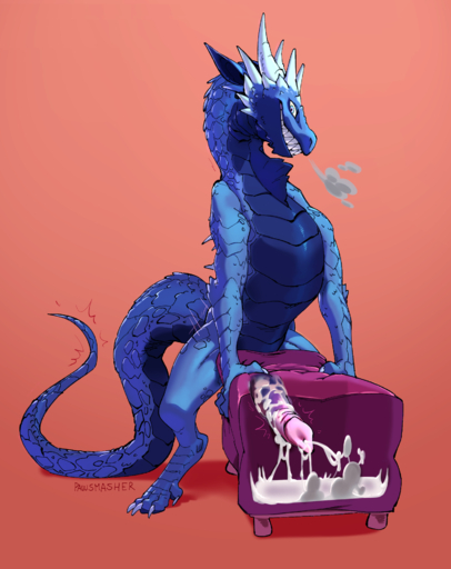anthro_on_inanimate blue_body blue_scales blue_tail bodily_fluids breeding_mount claws cum cum_in_object cum_pool cumshot digitigrade dragon ejaculation feral furniture genital_fluids genitals hi_res holding_object horn inanimate_object male object_penetration pawsmasher penis pink_body scales smoke smoke_from_nose solo stool teeth // 1497x1889 // 1.1MB