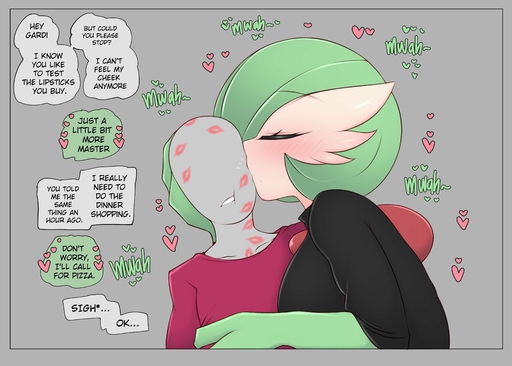 <3 absurd_res blush breasts clothed clothing dialogue duo eyes_closed female gardevoir green_hair grey_background hair hi_res human humanoid kiss_mark kissing kissing_cheek male malefemale mammal nintendo not_furry pokemon pokemon_(species) saltyxodium simple_background speech_bubble text video_games // 4096x2930 // 625.1KB