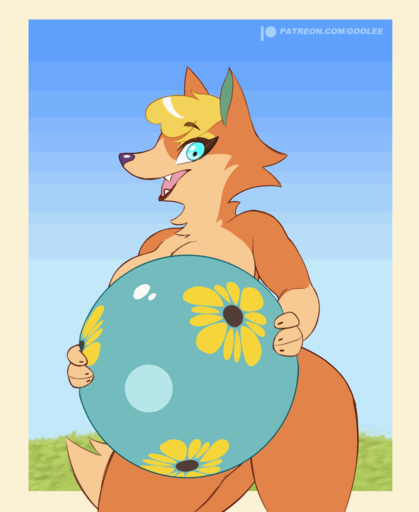 2022 animated anthro audie_(animal_crossing) ball beach_ball blonde_hair blue_eyes breasts canid canine female fur goolee hair inflatable mammal open_mouth solo text video_games // 820x1002 // 272.9KB