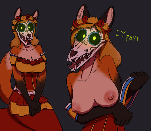 2018 anthro blush bone breasts canid canine clothing day_of_the_dead fan_character female fox fur hair hi_res keadonger looking_at_viewer malo mammal mexican mexico monster nipples open_mouth scp-1471 scp-1471-a scp_foundation skull skull_face skull_head solo spanish_text text translated undead z0rr.a // 2026x1748 // 1.3MB