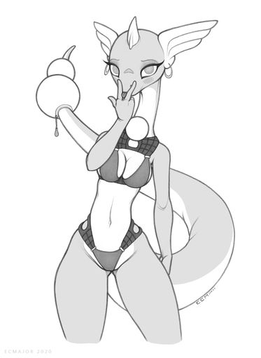 2020 anthro bikini biped breasts cleavage clothed clothing dragon dragonair ecmajor female fin fin_piercing furgonomics furry-specific_piercing gesture head_fin hi_res horn jewelry long_tail looking_at_viewer monochrome navel nintendo non-mammal_breasts piercing pokemon pokemon_(species) scalie skimpy solo suggestive swimwear tail_jewelry tail_orb tail_ring tongue tongue_out v_sign video_games // 1070x1470 // 380.4KB