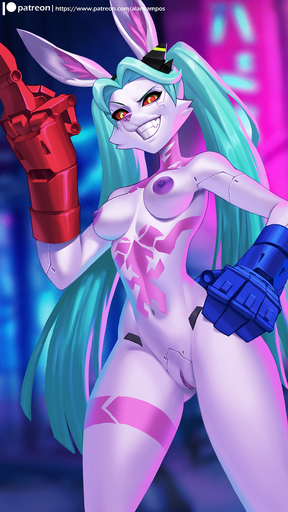 2022 alanscampos alternate_species anthro areola breasts clenched_teeth cosplay cybernetic_hand cybernetics cyberpunk female genitals hi_res lagomorph leporid machine mammal markings nipples nude pink_body purple_areola purple_nipples pussy rabbit rebecca_(cyberpunk_edgerunners) red_sclera smile solo teeth white_body yellow_eyes // 844x1500 // 837.2KB