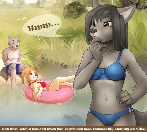 2013 4_toes anthro barefoot bikini black_hair black_nose blonde_hair breasts brown_eyes canid canine canis cleavage clothed clothing digital_media_(artwork) domestic_dog english_text feet female floating fur grass green_eyes grey_body grey_fur group hair hi_res hindpaw iskra long_hair male mammal navel outside paws plant shaded sitting smile standing swimwear text toes tree water wolf yellow_body yellow_fur // 2100x1900 // 329.8KB